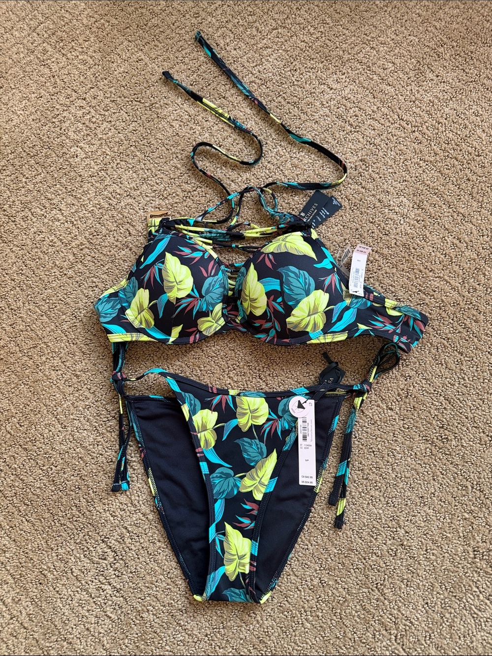 Victoria's Secret Black Tropical Leaf Push-Up Bikini - Yellow & Teal